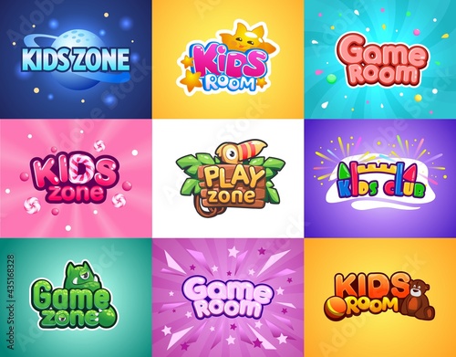 Baby zone. Kids playroom cartoon banners. Colorful posters set with lettering and funny mascots. Entertainment rooms. Playgrounds for boys and girls. Vector square bright flyers mockup