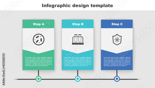 Set Petri dish with bacteria, Test tube and flask and Shield protecting from virus. Business infographic template. Vector