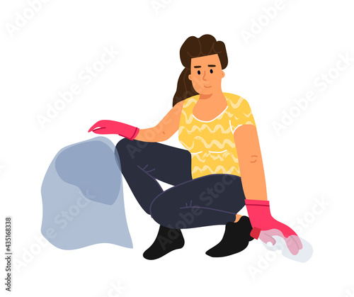 Recycling garbage. Cartoon woman puts bottles in trash bag. Female character collects rubbish in park. Volunteer cleans waste and save ecology. Vector environmental protection concept
