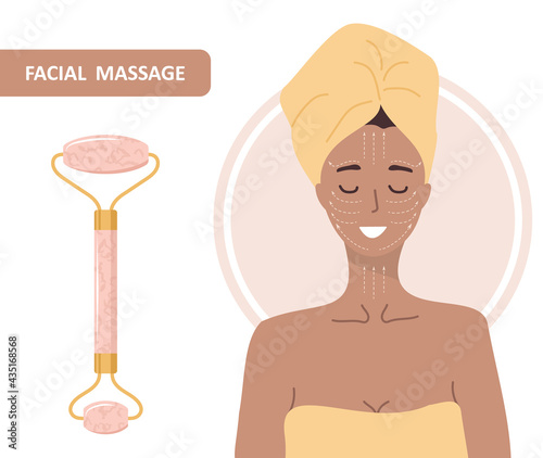Quartz facial roller. Chinese gua sha massage. Woman portrait with lymphatic massage scheme. Chinese skin care concept. Morning routine. Vector illustration in flat cartoon style.