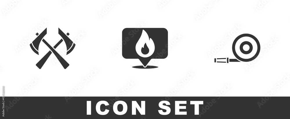 Set Firefighter axe, Location with fire flame and hose reel icon. Vector Set Firefighter axe, Location with fire flame and hose reel icon. Vector