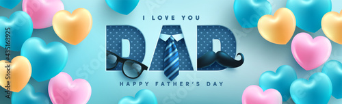 Father's Day poster or banner template with necktie,glasses and hart on blue.Greetings and presents for Father's Day in flat lay styling.Promotion and shopping template for love dad concept