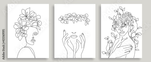 Women Faces with Flowers One Line Drawing. Continuous Line Woman Head and Flowers. Abstract Contemporary Design Template for Covers, t-Shirt Print, Postcard, Banner etc. Vector EPS 10.