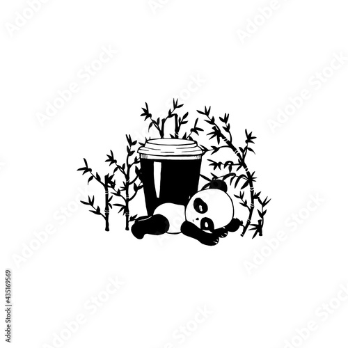 cute panda sleeping silhouette vector. paper cup of coffee vector silhouette. bamboo and panda hv white background vector drawing .sketch. EPS format