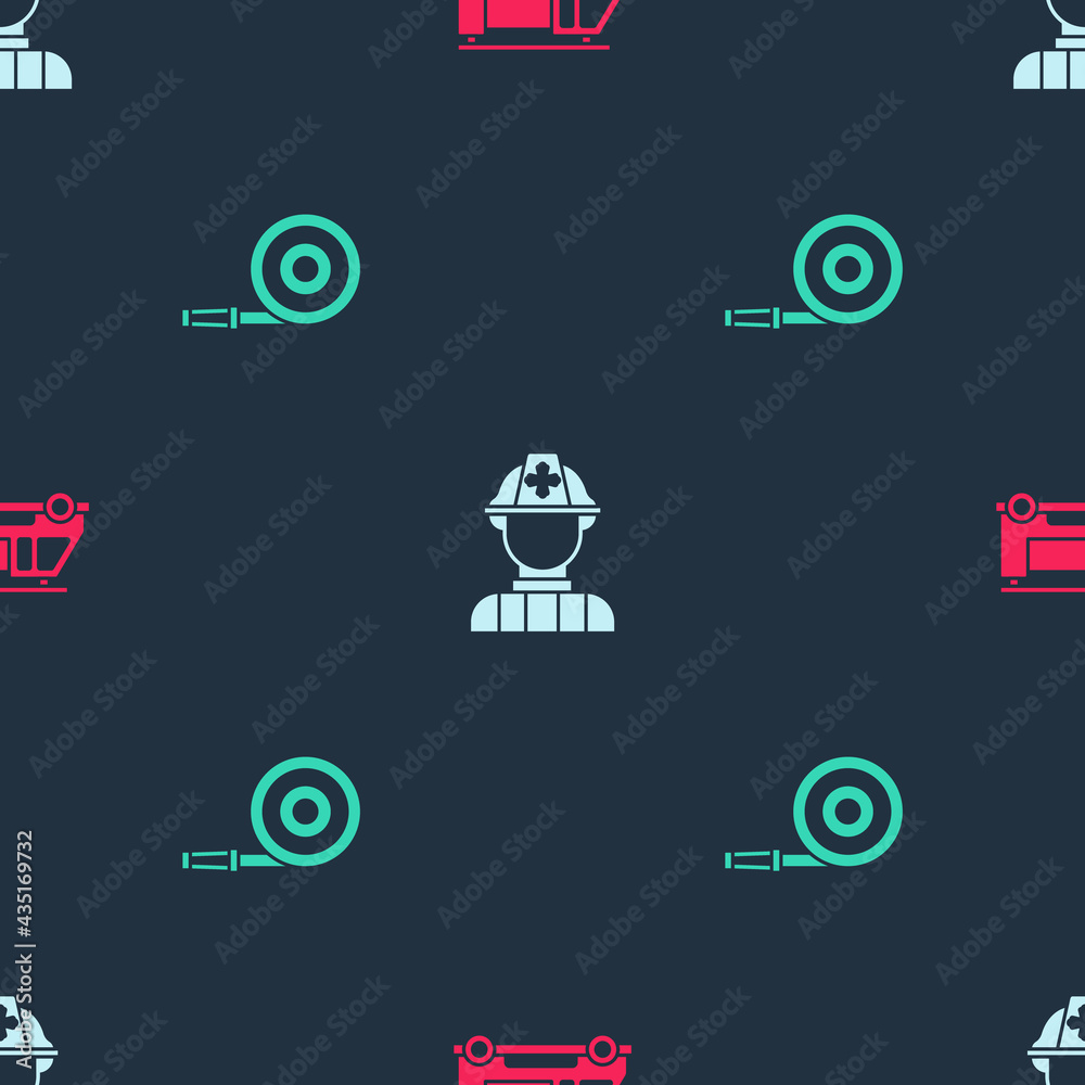 Set Fire truck, Firefighter and hose reel on seamless pattern. Vector Set Fire truck, Firefighter and hose reel on seamless pattern. Vector