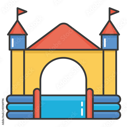 Bouncy inflatable castle. Tower and equipment for child playground. Vector line illustration