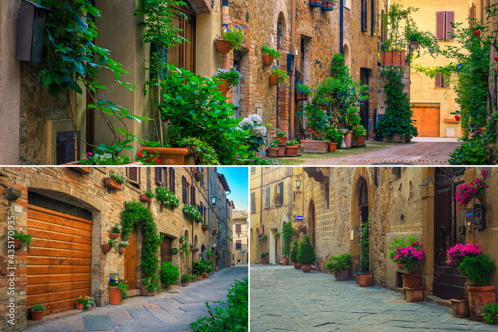 Collage of tuscan flowery streets and travel destinations, Italy