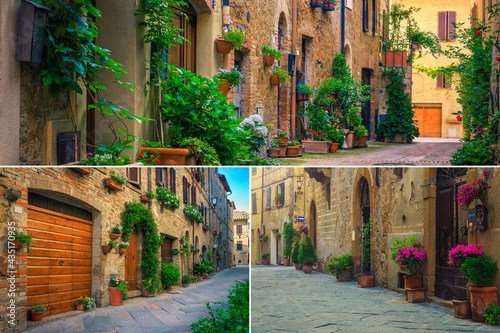 Fototapeta Naklejka Na Ścianę i Meble -  Collage of tuscan flowery streets and travel destinations, Italy