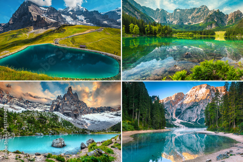 Fototapeta Naklejka Na Ścianę i Meble -  Collage of beautiful mountain lakes in Europe, Italy, Switzerland