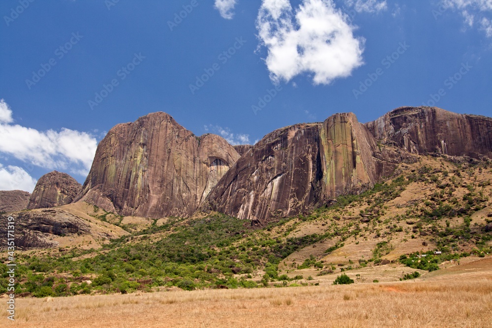 The Karambony and Tsaranovo rock massif in Tsaranovo valley. Andringitra National Park. Madagascar. Africa. The Karambony and Tsaranovo rock massif in Tsaranovo valley. Andringitra National Park. Madagascar. Africa.