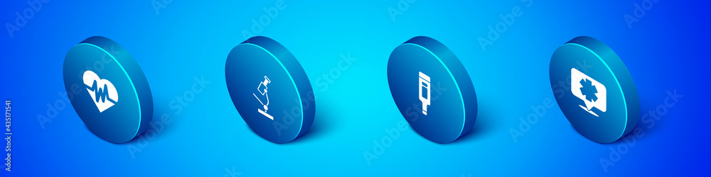 Set Isometric Heart rate, Digital thermometer, Medical symbol of Emergency and Microscope icon. Vector Set Isometric Heart rate, Digital thermometer, Medical symbol of Emergency and Microscope icon. Vector