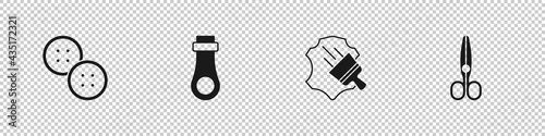 Set Sewing button, Zipper, Leather and Scissors icon. Vector