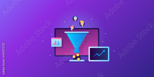 Customer conversion sale funnel business communication and digital marketing strategy with customer data analysis, increase sales concept. Vector illustration, web banner background.