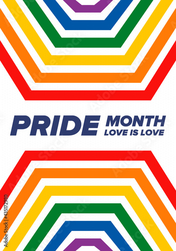 LGBTQIA Pride Month in June. Lesbian Gay Bisexual Transgender. Celebrated annual. LGBT flag. Rainbow love concept. Human rights and tolerance. Poster, card, banner and background. Vector illustration