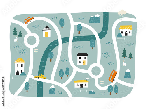 Cute town map for kid's room. Hand drawn vector illustration of a city or village with roads, streets and cars. Nursery concept for bedding, poster