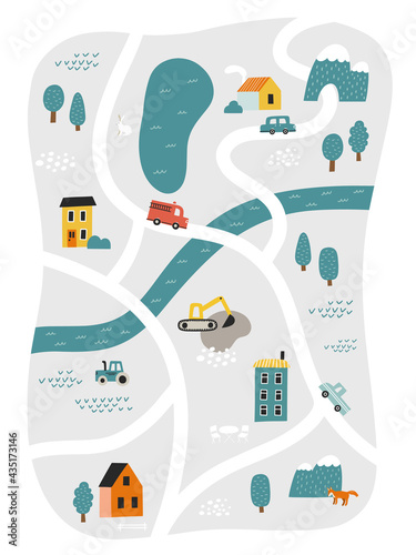 Cute town map for kid's room. Hand drawn vector illustration of a city or village with roads, streets and cars. Nursery concept for bedding, poster