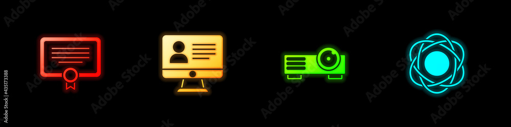 Set Certificate template, Online class, Movie, film, media projector and Atom icon. Vector Set Certificate template, Online class, Movie, film, media projector and Atom icon. Vector