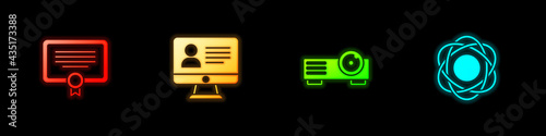 Set Certificate template, Online class, Movie, film, media projector and Atom icon. Vector