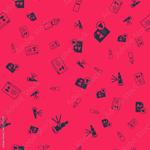 Set Telescope, Fountain pen nib, Online class and Exam sheet with A plus grade on seamless pattern. Vector
