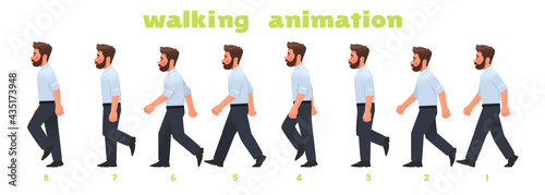 Man character walking animation. Businessman walks, a step by step cycle of pictures. Vector illustration photo