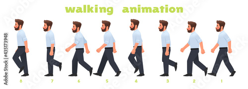 Man character walking animation. Businessman walks, a step by step cycle of pictures. Vector illustration