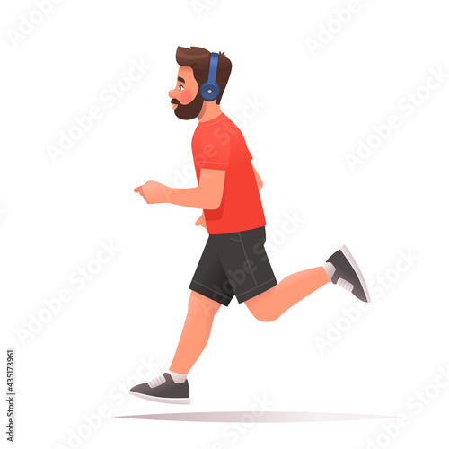 Happy man runs on a white background. The guy listens to music on headphones while jogging. Vector illustration
