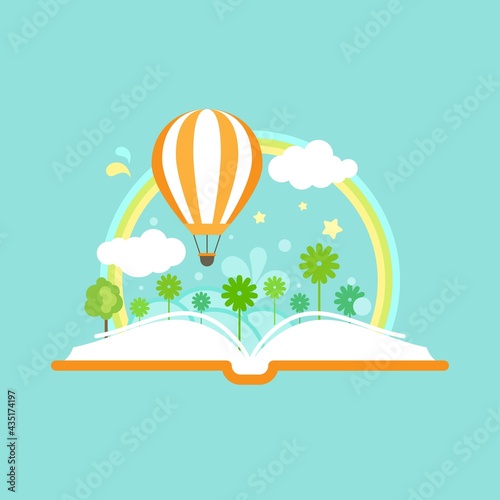 Open book with air balloon, clouds, rainbow and flowers. Isolated on blue background.