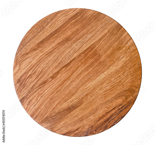 Oak cutting board, round shape, top view, isolated on white background