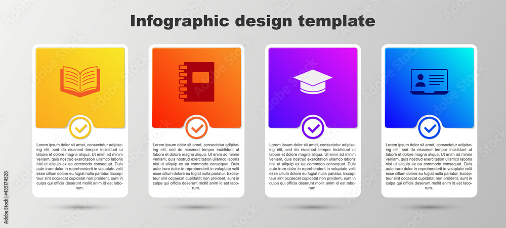 Set Open book, Spiral notebook, Graduation cap and Online class. Business infographic template. Vector Set Open book, Spiral notebook, Graduation cap and Online class. Business infographic template. Vector