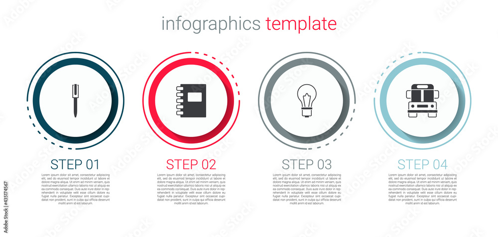 Set Pen, Spiral notebook, Light bulb with idea and School Bus. Business infographic template. Vector Set Pen, Spiral notebook, Light bulb with idea and School Bus. Business infographic template. Vector