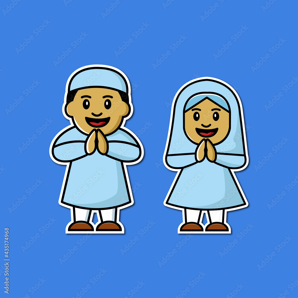 two girls and a boy wish you a happy Eid al-Adha, vector illustration two girls and a boy wish you a happy Eid al-Adha, vector illustration