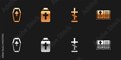 Set Coffin with cross, Funeral urn, Grave and Holy bible book icon. Vector