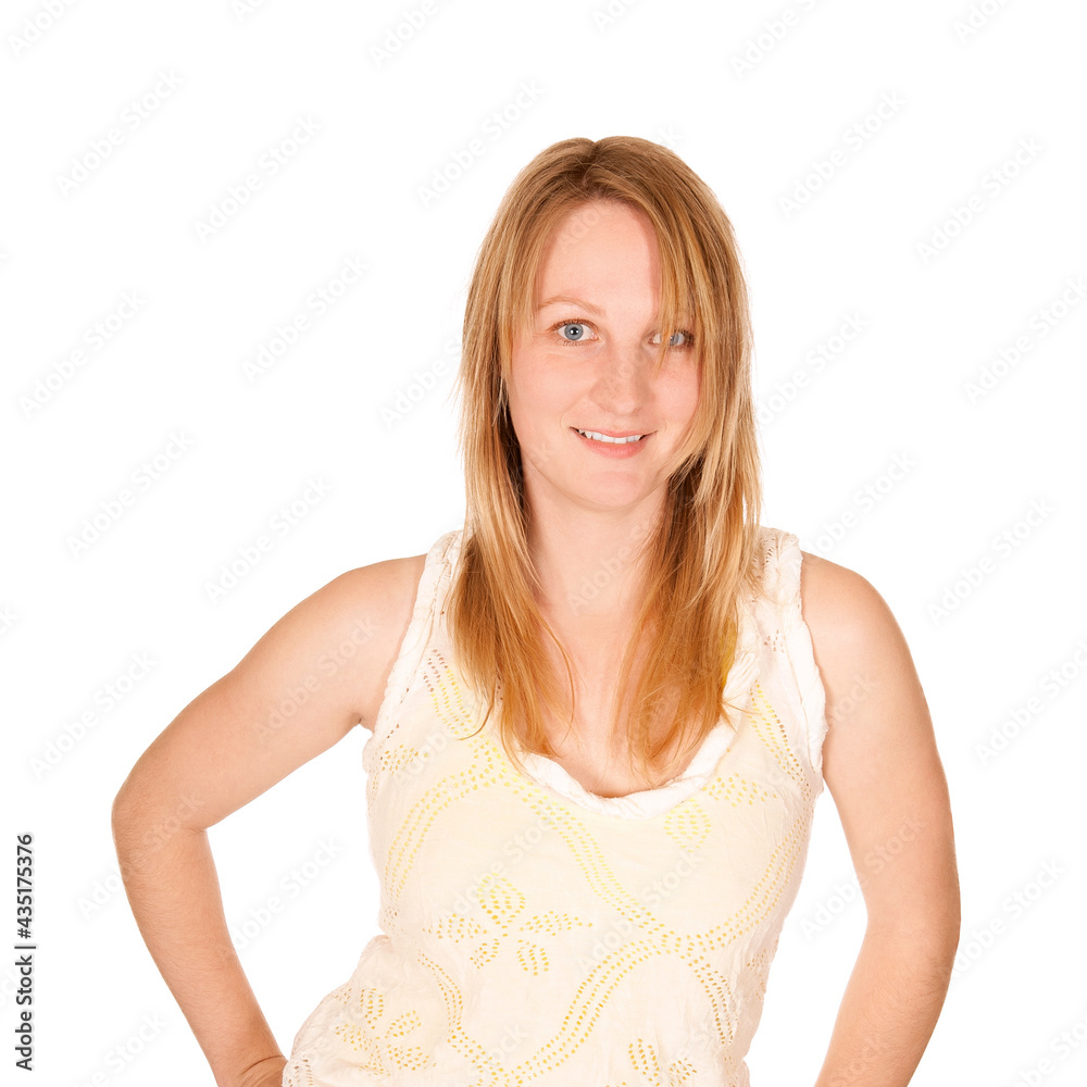 Closeup portrait of a happy young woman wearing a summer top, isolated in front of white studio background Closeup portrait of a happy young woman wearing a summer top, isolated in front of white studio background