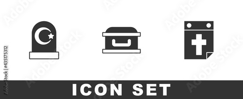 Set Muslim cemetery, Coffin with cross and Calendar death icon. Vector