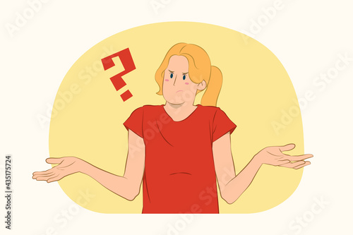 Young confused woman spreading hands concept