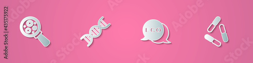 Set paper cut Microorganisms under magnifier, DNA symbol, Label for eco healthy food and Virus icon. Paper art style. Vector