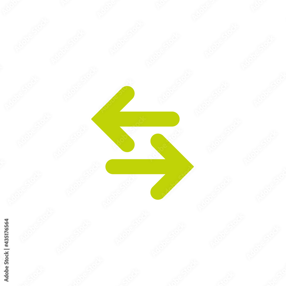Vector icon. Two green opposite horizontal arrows isolated on white. Flat icon. Vector icon. Two green opposite horizontal arrows isolated on white. Flat icon.