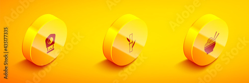 Set Isometric Chinese paper lantern  Bamboo and Asian noodles bowl icon. Vector