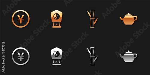 Set Chinese Yuan currency, paper lantern, Bamboo and tea ceremony icon. Vector