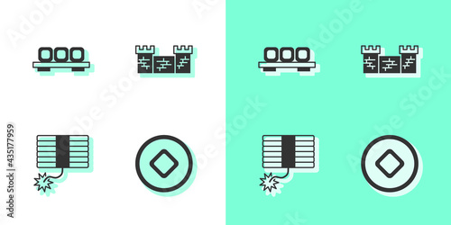 Set Chinese Yuan currency, Sushi on cutting board, Firework and Great wall of China icon. Vector