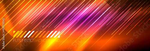 Neon glowing lines, magic energy and light motion background. Vector wallpaper template