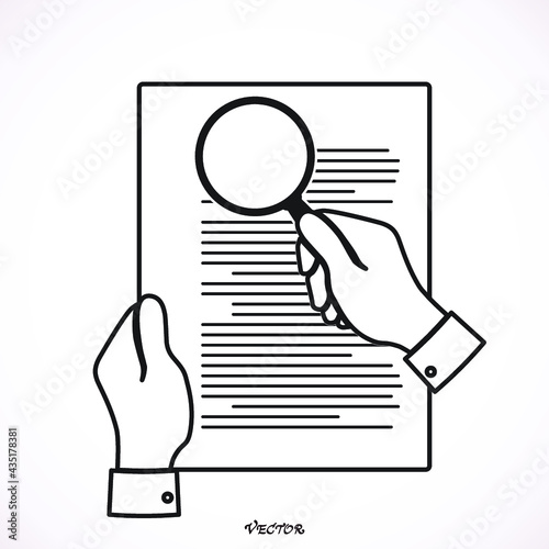 Hand holding magnifier and paper document. Business concept. Reading, viewing and studying. Search for information. Vector illustration flat design.