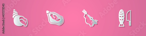 Set paper cut Scallop sea shell, Mussel, Fishing harpoon and with sliced pieces icon. Paper art style. Vector