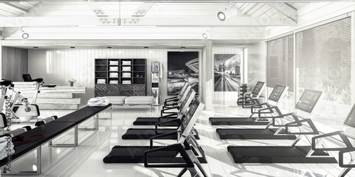 Treadmills Inside a Fitness Center - panoramic black and white 3D Visualization