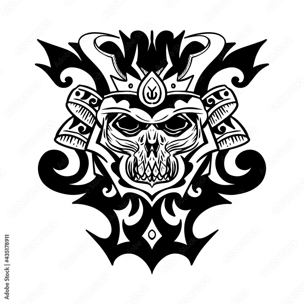 Obraz premium Black and white Japanese army skull head illustration for sticker design, t-shirt, and tattoo. Classic Japanese skull triball head logo.