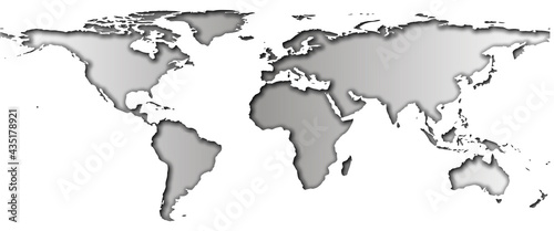 Papercut world map with shadows and gradient on continents and isolated on white background, monochrome, elements of this image furnished by NASA.