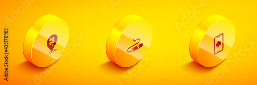 Set Isometric Casino slot machine with clover, Cigar and Online poker table game icon. Vector