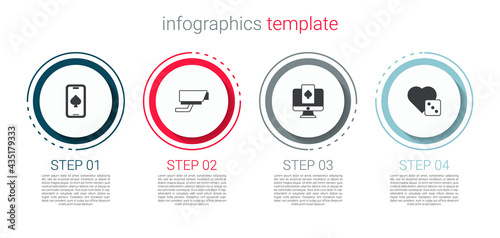 Set Online poker table game, Security camera, and Game dice. Business infographic template. Vector