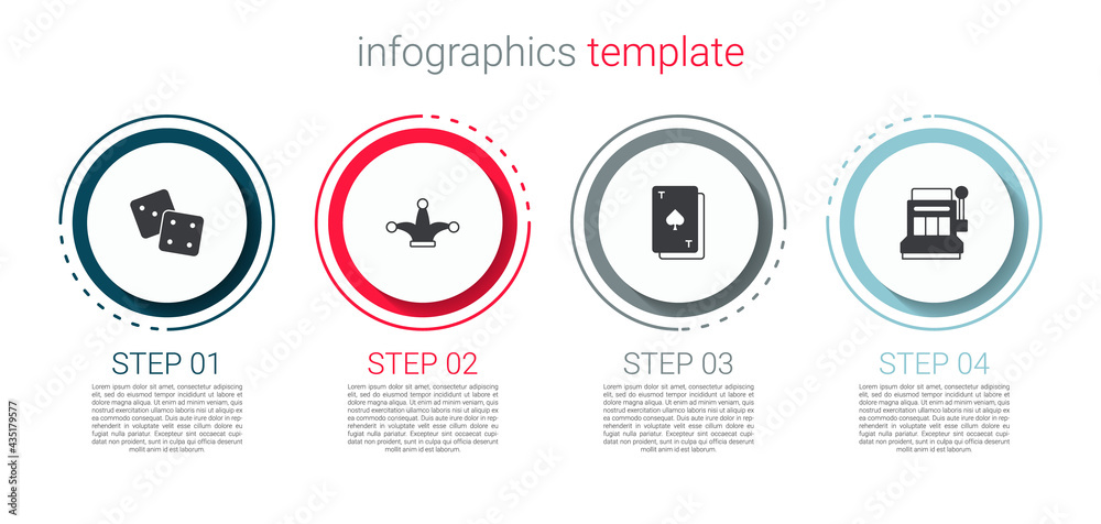 Set Game dice, Joker playing card, Playing with spades and Slot machine. Business infographic template. Vector Set Game dice, Joker playing card, Playing with spades and Slot machine. Business infographic template. Vector