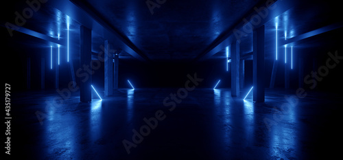 Neon Sci Fi Futuristic Laser Warehouse Blue White Concrete Cement Glowing Lights Showroom Tunnel Corridor Dark Empty Hangar Garage Parking Alien 3D Rendering